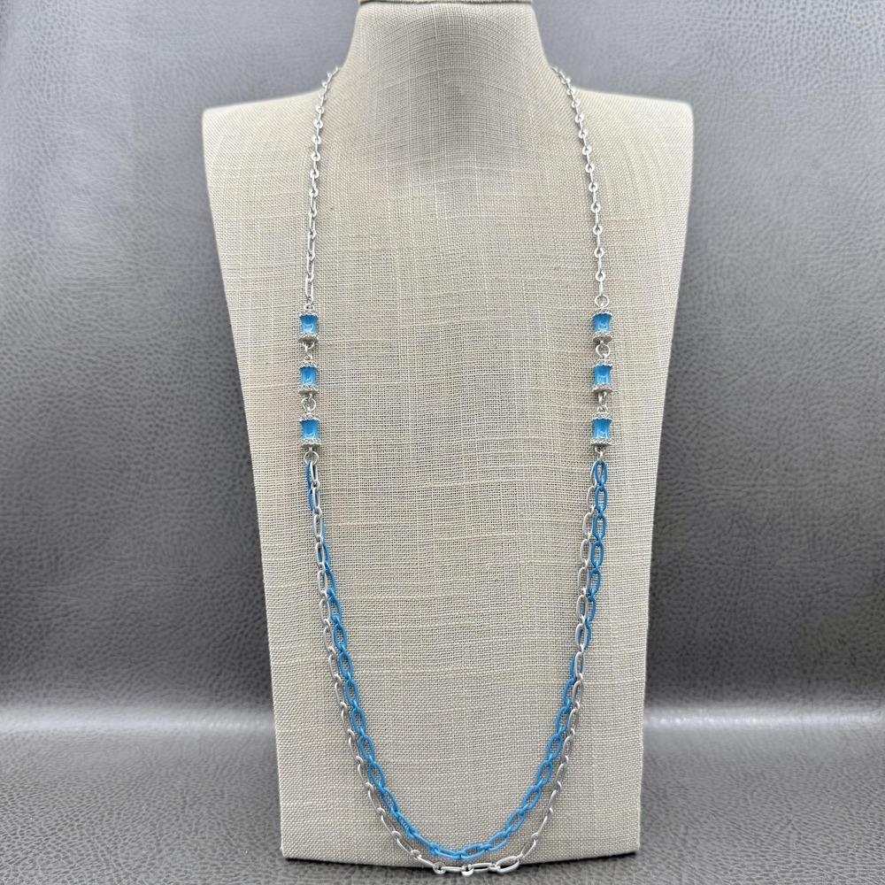 Lia Sophia Necklace Silver Tone Blue Enamel‎ Bead Crystal Accent Layered Chain